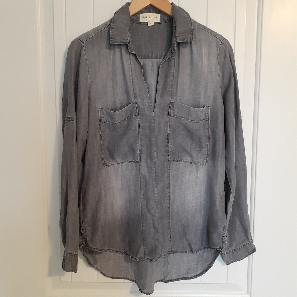 cloth & stone Split Neck Long Sleeve Roll Tab Tencel Lyocell Top Gray Size S